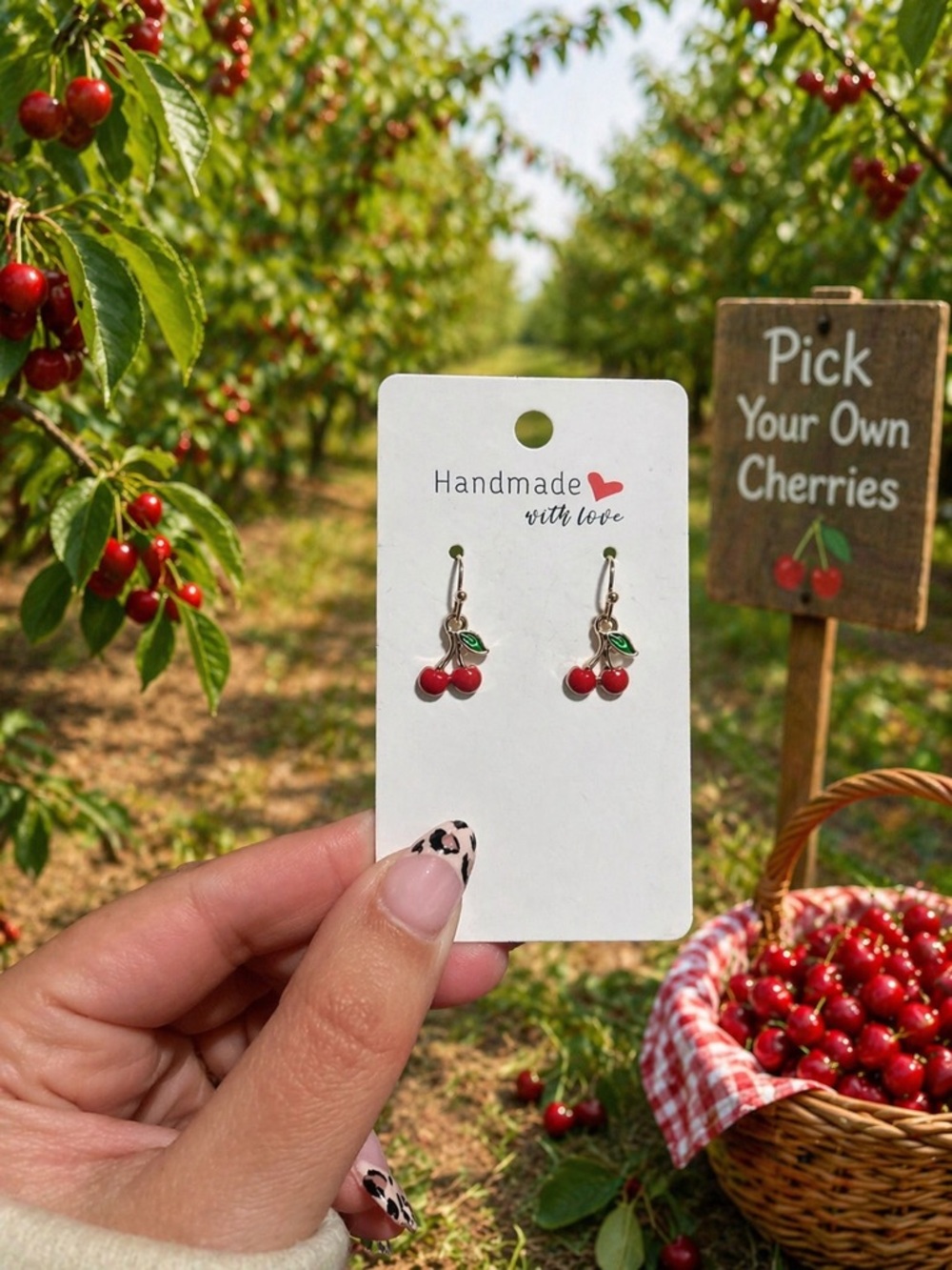 Handmade Cherry Dangle Earrings - Red & Green